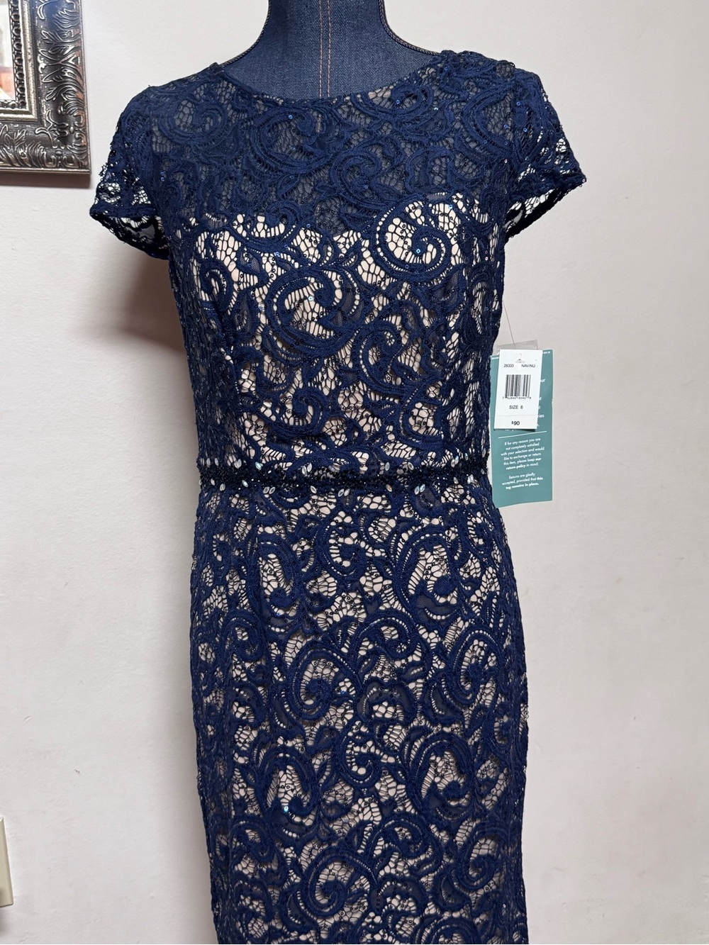 Lace Overlay Midi Dress in Navy - Brand: